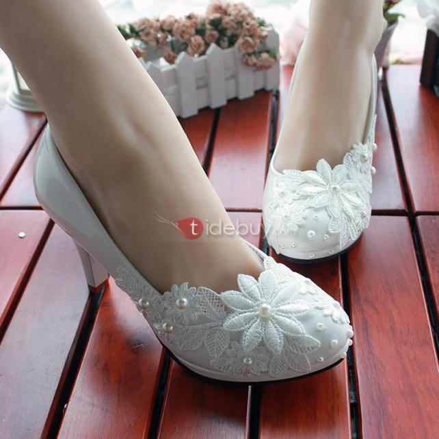 Elegant White Lace Flower 8.5 cm Wedding Bride Shoes